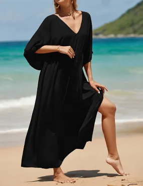 Caftan décontracté couleur unie longue robe ample à col en V