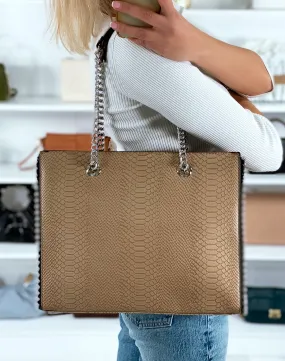 Grand sac à main beige effet croco à détail argenté