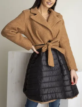 Manteau oversize en laine bouclette et doudoune - camel/noir