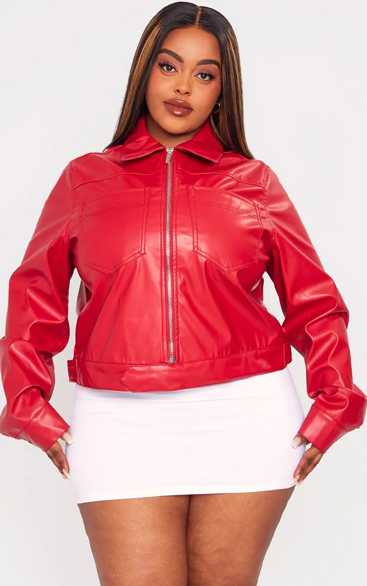 Plus Veste en PU rouge à détail poches