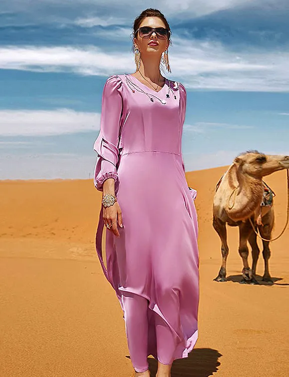 Robe abaya rose à manches longues avec col en V et strass