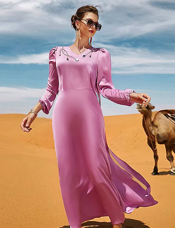 Robe abaya rose à manches longues avec col en V et strass