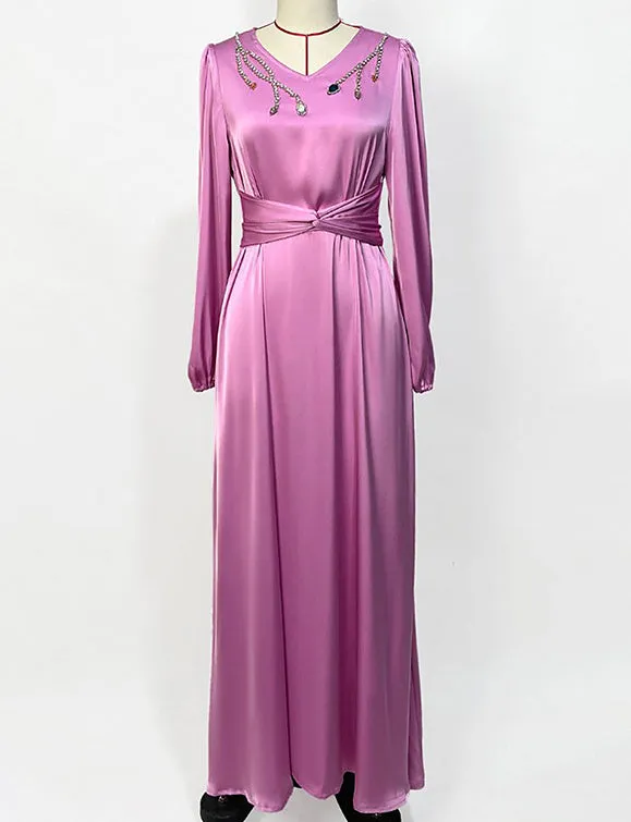 Robe abaya rose à manches longues avec col en V et strass