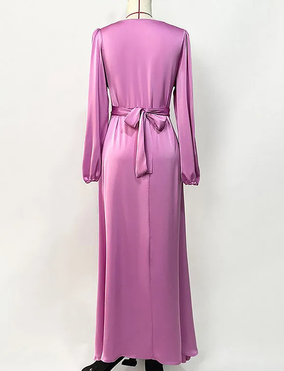 Robe abaya rose à manches longues avec col en V et strass