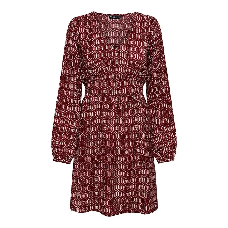 Robe cintrée mi-jenoux col V imprimée fantaisie bordeaux Femme ONLY à 