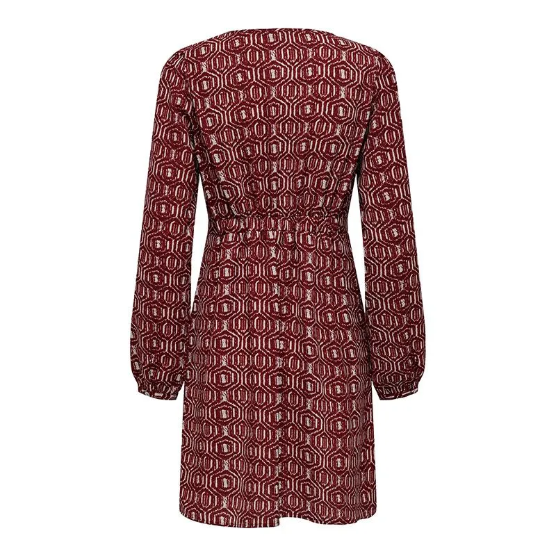 Robe cintrée mi-jenoux col V imprimée fantaisie bordeaux Femme ONLY à 