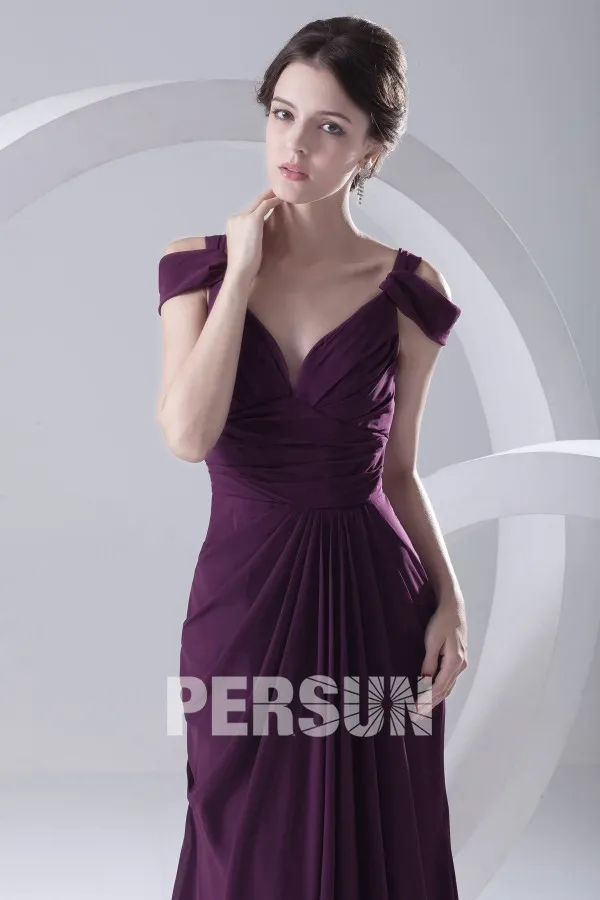 Robe de soirée longue prune col V à mancheron en mousseline polyester