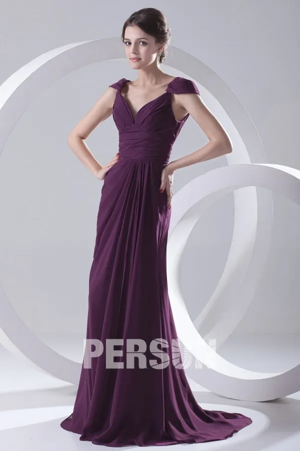 Robe de soirée longue prune col V à mancheron en mousseline polyester