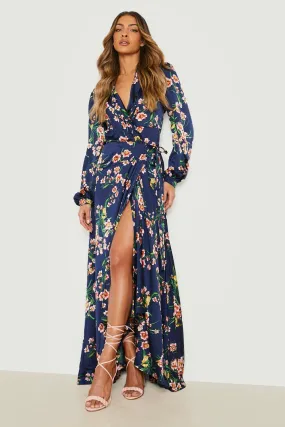 Robe portefeuille satinée à imprimé fleuri et volants