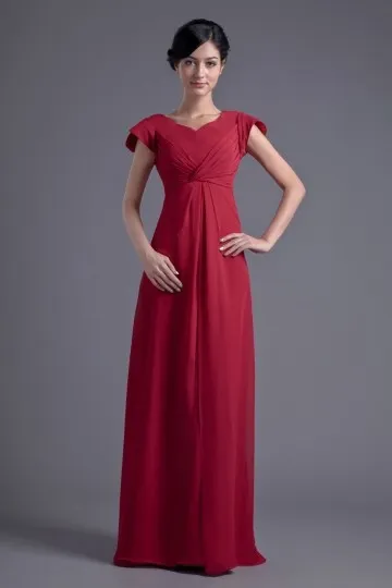 Robe rouge longue empire témoin mariage à mancherons col V en mousseline