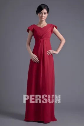 Robe rouge longue empire témoin mariage à mancherons col V en mousseline