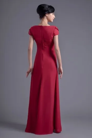 Robe rouge longue empire témoin mariage à mancherons col V en mousseline