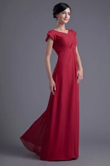 Robe rouge longue empire témoin mariage à mancherons col V en mousseline