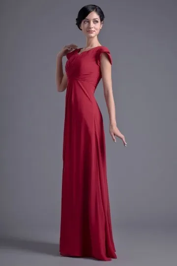 Robe rouge longue empire témoin mariage à mancherons col V en mousseline