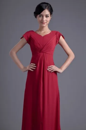 Robe rouge longue empire témoin mariage à mancherons col V en mousseline