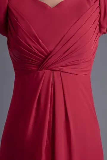 Robe rouge longue empire témoin mariage à mancherons col V en mousseline