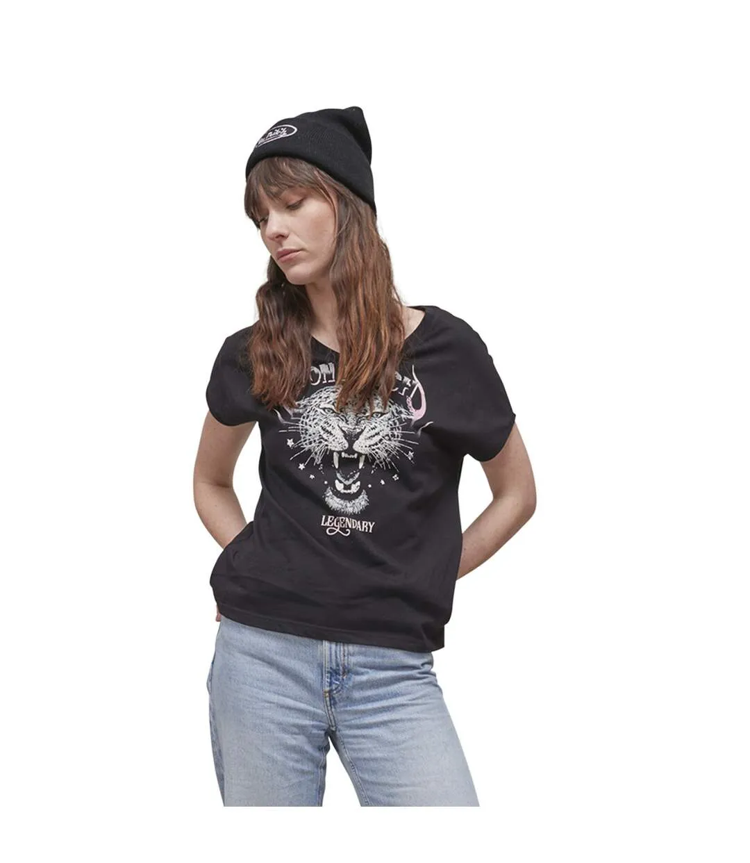 T-shirt long femme col en V fluide en coton Tiger Vondutch