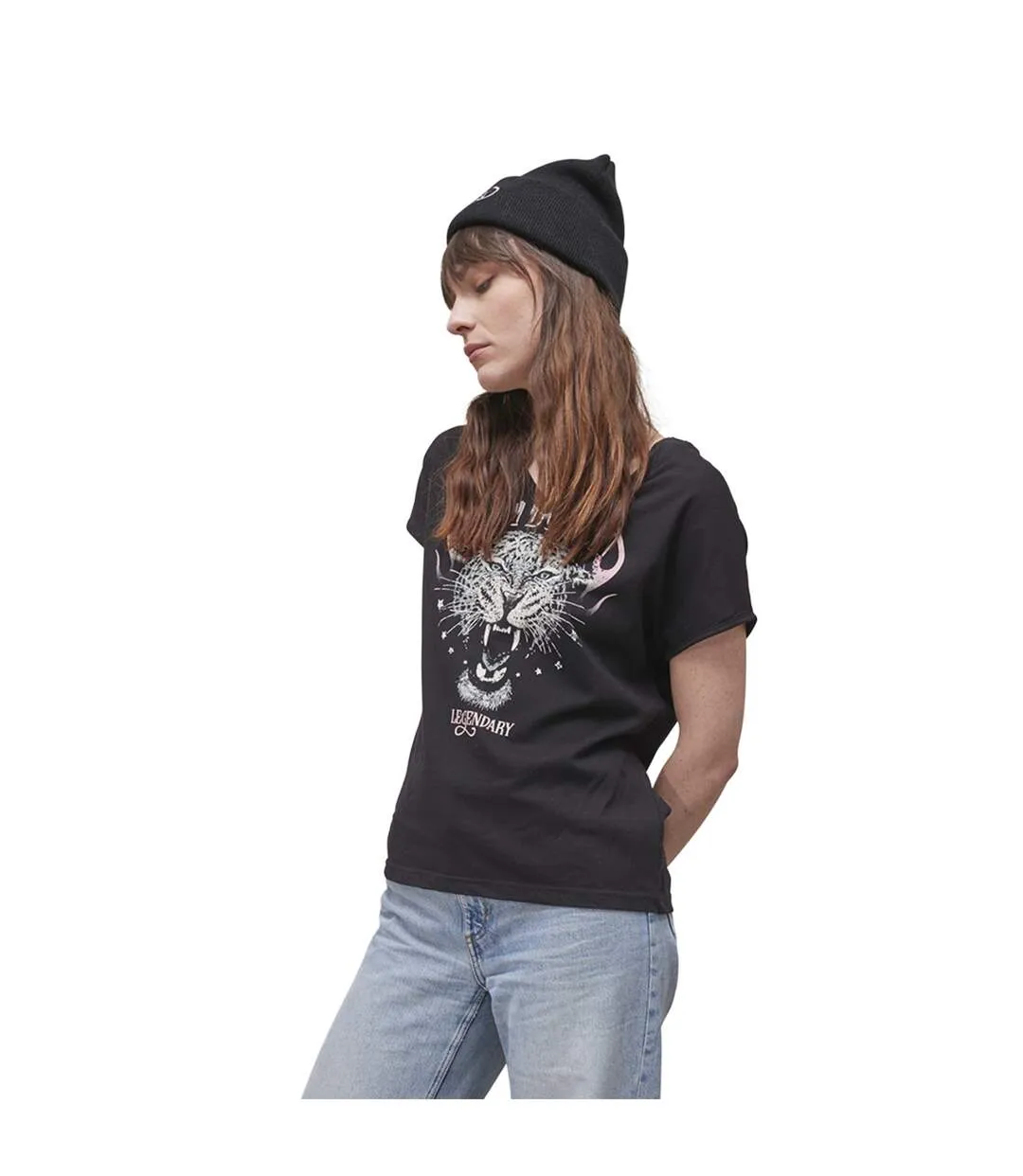 T-shirt long femme col en V fluide en coton Tiger Vondutch