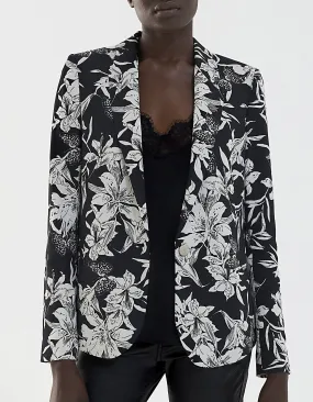 Veste tailleur en crêpe imprimé floral noir et blanc femme